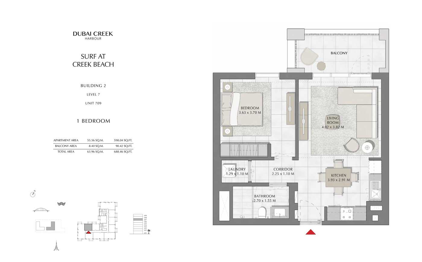 Building 2, 1 Bedroom Level 7, Size 688 Sq Ft